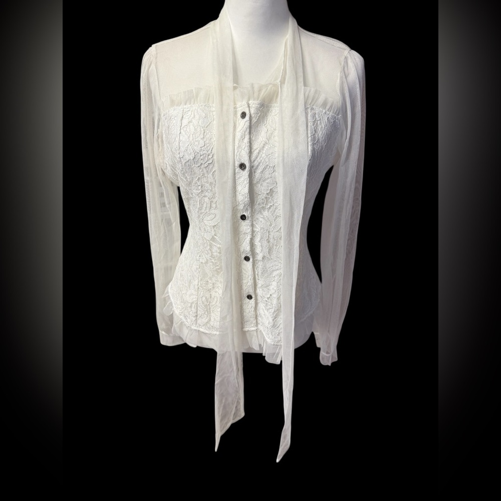 Impulsive white lace blouse with a bow collar and sheer sleeves sz Large - Picture 3 of 10